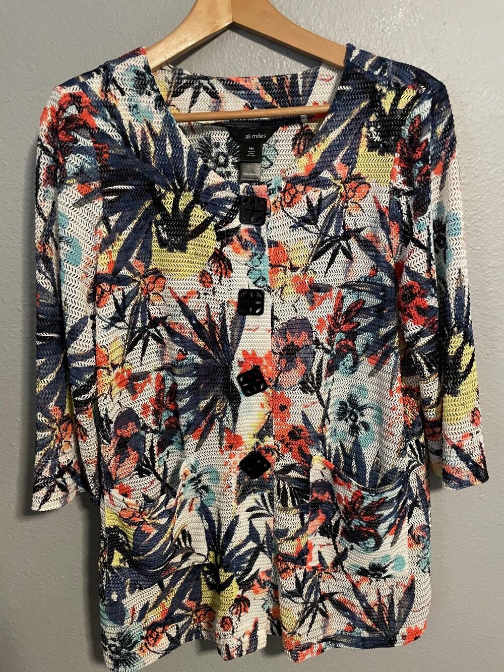 Ali Miles Womens Tunic Petite Medium Multicolor Floral Button Up Artsy Wacky